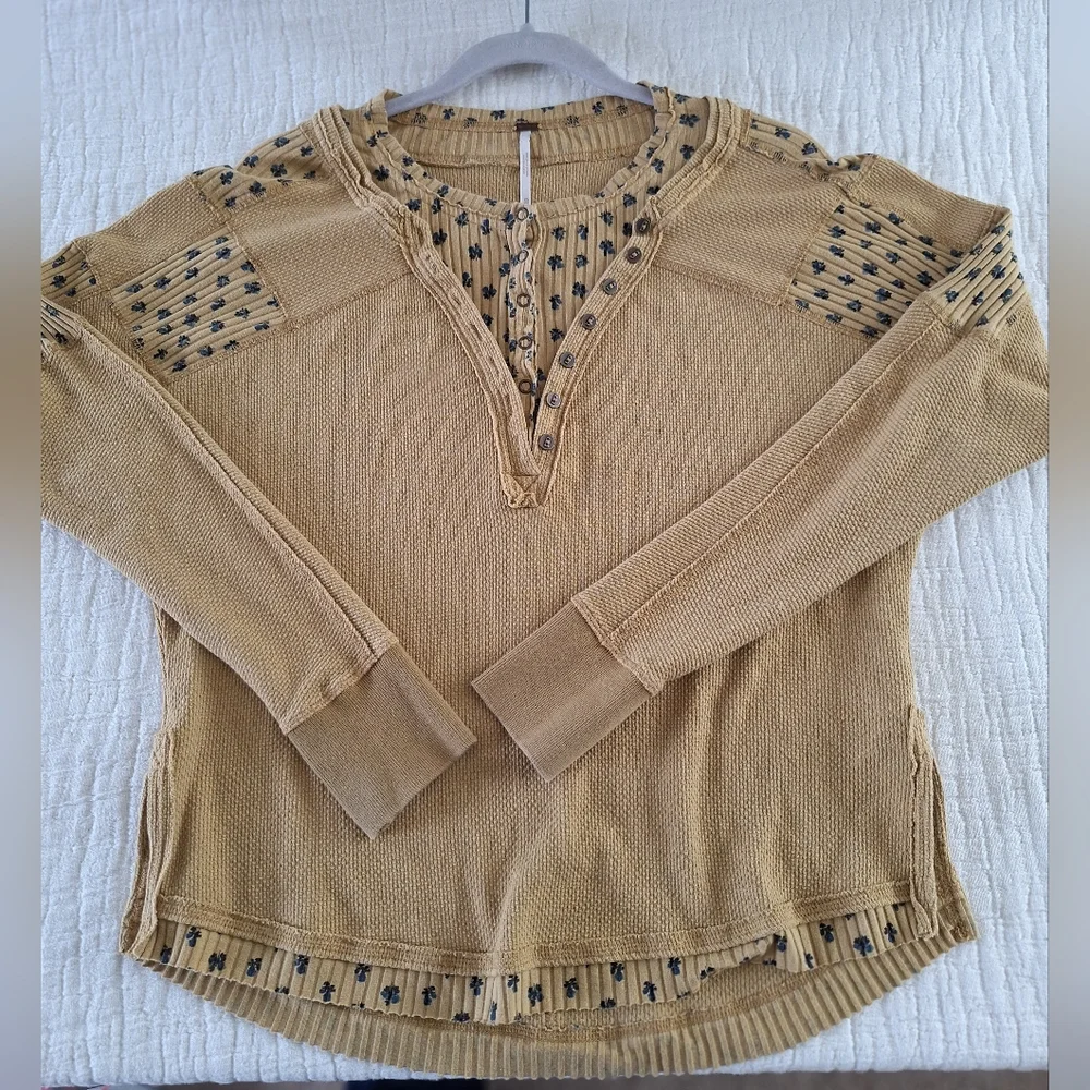 Free People Mustard Long Sleeve Henley Top